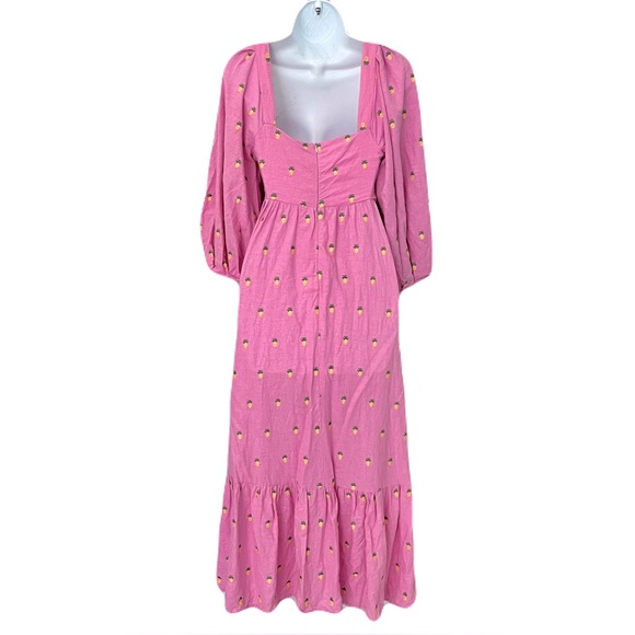 Farm Rio Pink Embroidered Pineapples Puff Sleeve Midi Linen Blend Dress, Size S - Picture 5 of 8